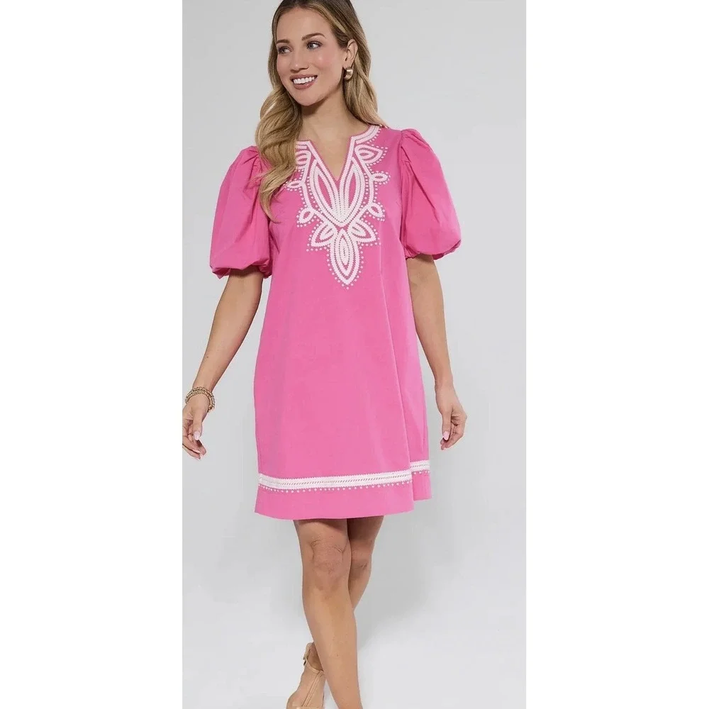 NEW Avara Women's XXL Roxanne Dress Pink Puff Short Sleeve V Neck Pockets Pinch